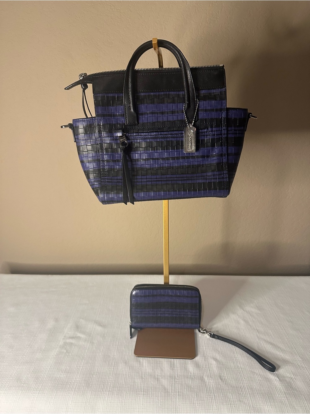Coach Black and Blue Plaid Tote with Matching Wristlet